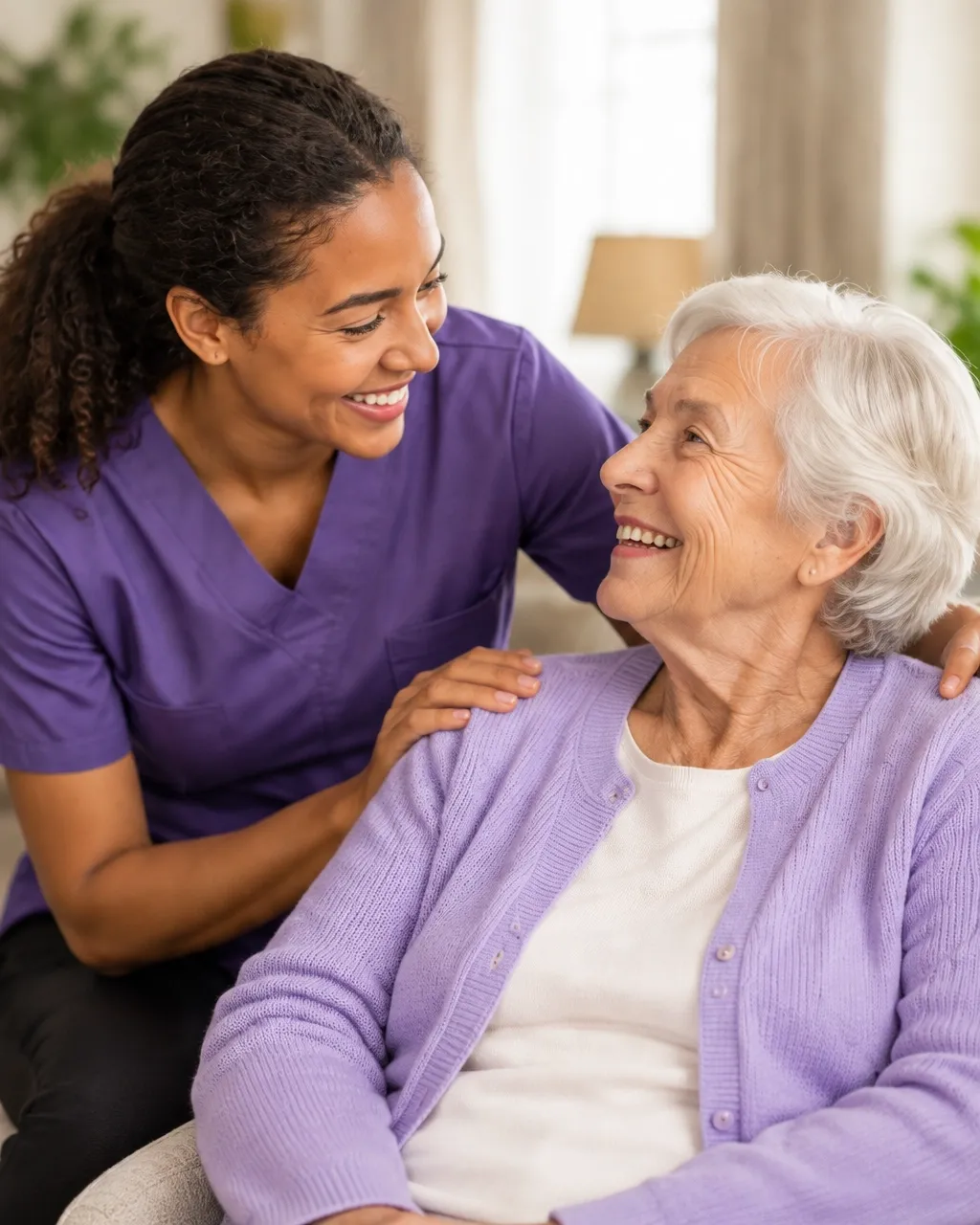 A caregiver sharing a warm, reassuring moment with an older woman at home